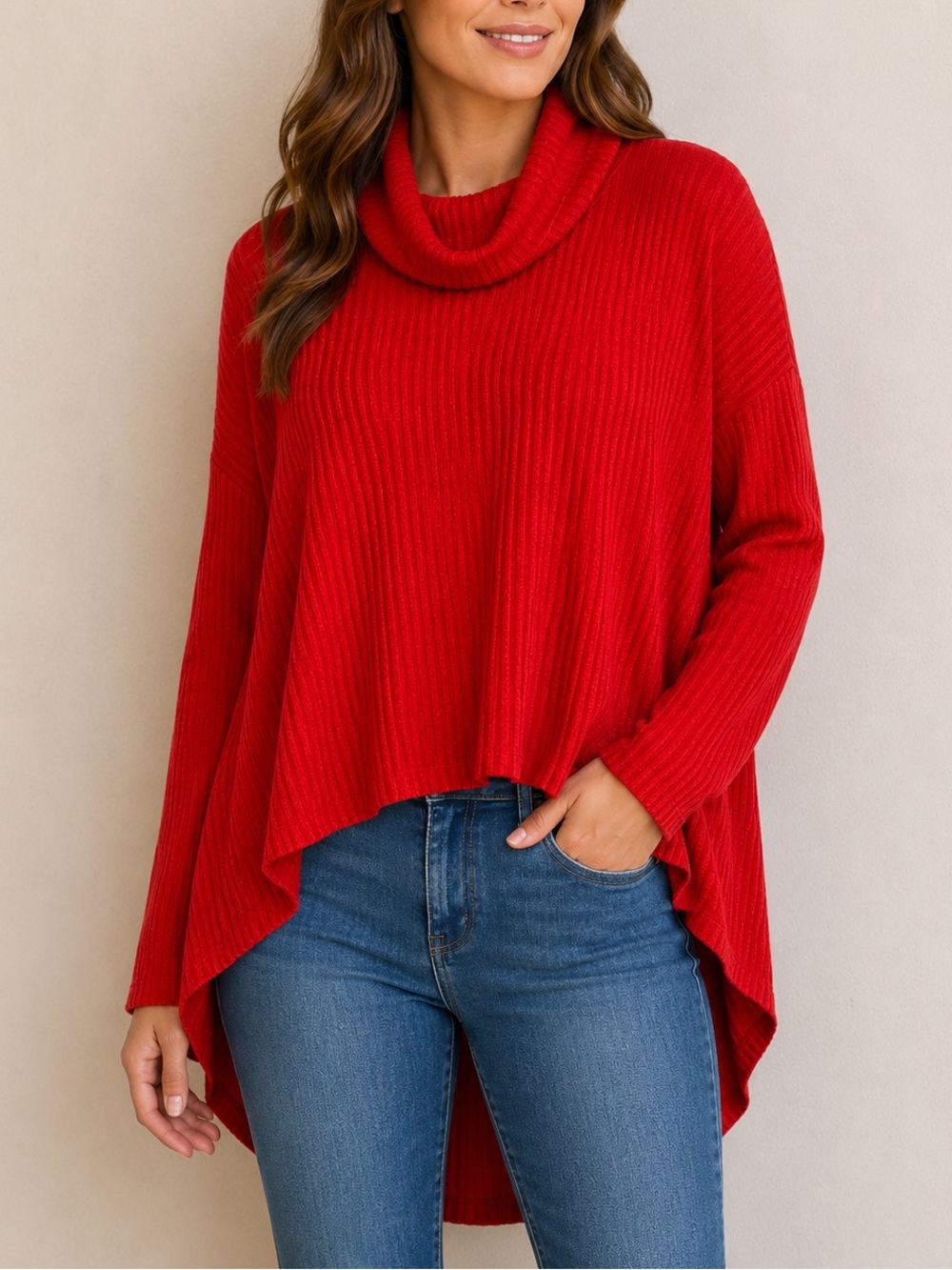 Anthropologie Saturday Sunday Ribbed Cowl Neck Sweater Red XS